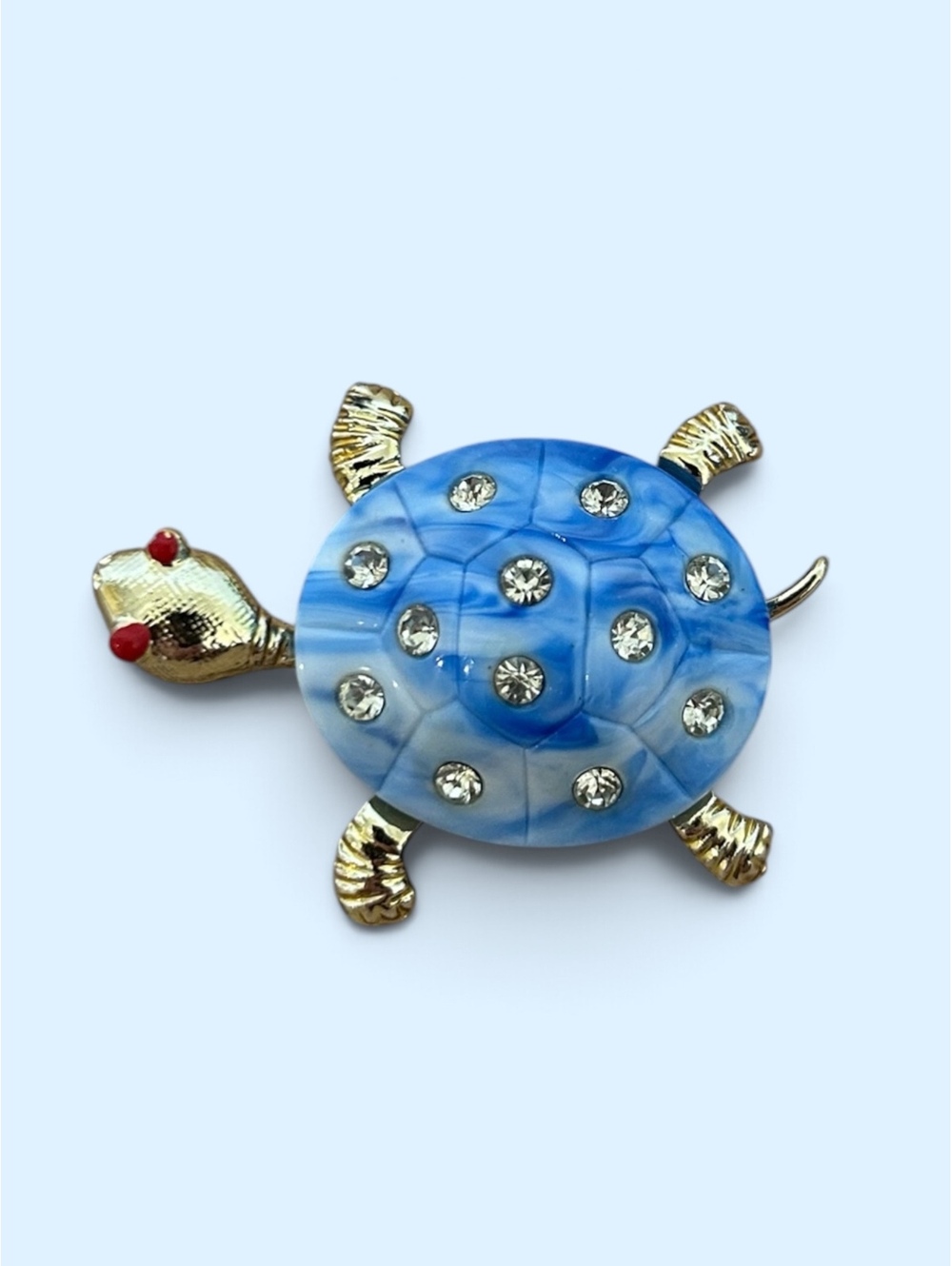 Blue Marbled Turtle Brooch Gold Tone Rhinestone Crystal Figural Pin